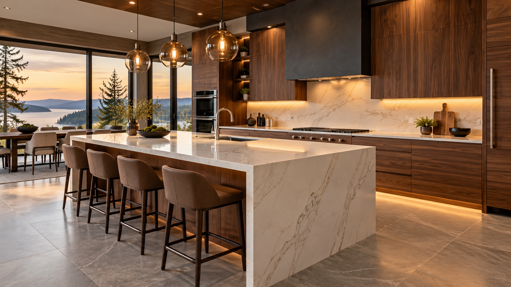 Kitchen design inspiration with walnut cabinetry and a quartz island